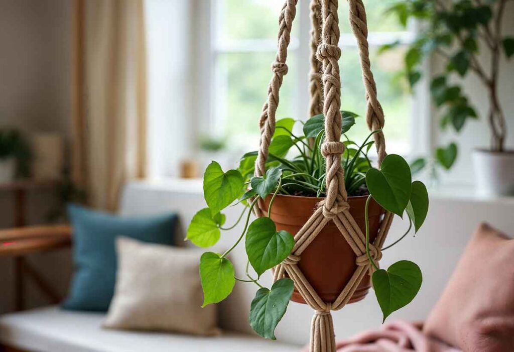 Planta pendente decorando prateleira em ambiente interno de apartamento